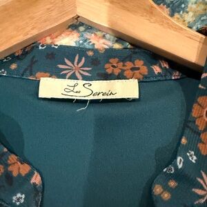 Les Serein Teal and Brown Floral Blouse